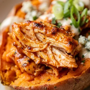 High-protein shredded buffalo chicken served with roasted sweet potatoes