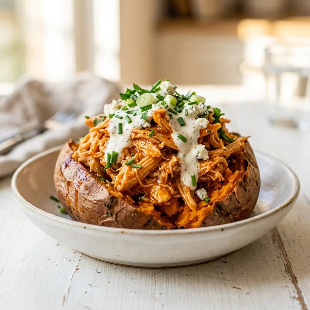 High-Protein Shredded Buffalo Chicken with Sweet Potatoes