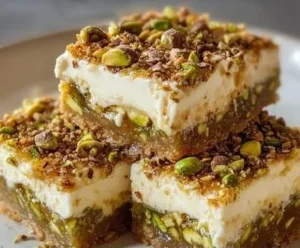 Honeyed Greek pistachio cheesecake bars with a nutty topping