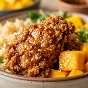 Hot Honey Crispy Chicken served in a colorful mango bowl, garnished for flavor.
