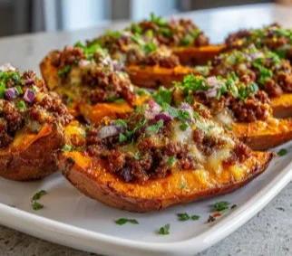 Hot honey ground beef served in sweet potato boats