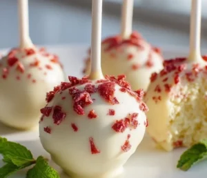 Delicious strawberry shortcake cake pops on a white background