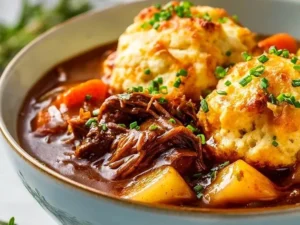 Delicious Irish stew with cheddar dumplings in a rustic bowl