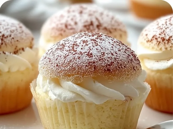 Delicious Japanese-style cotton cheesecake cupcakes topped with cream.