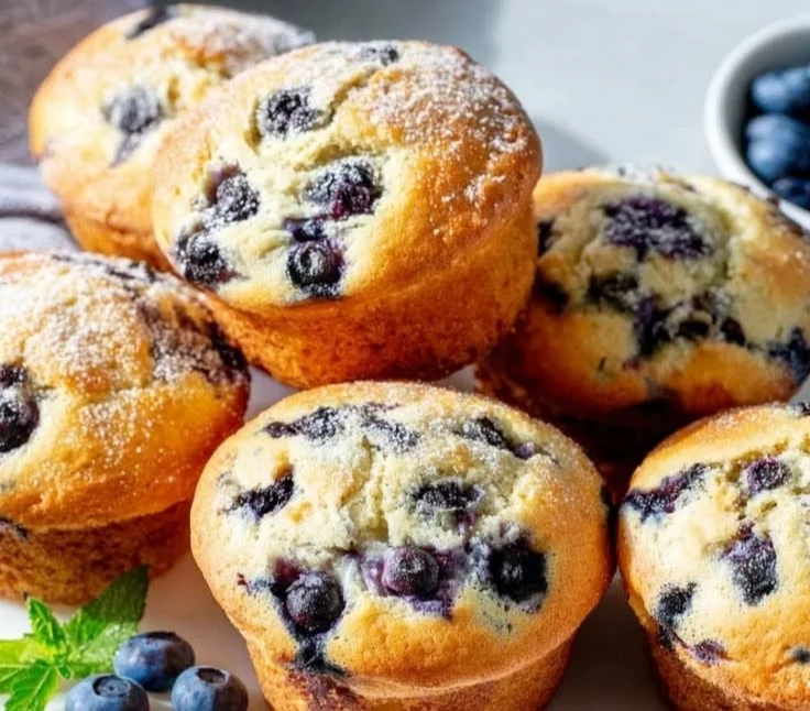 Freshly baked jumbo blueberry muffins with plump blueberries.