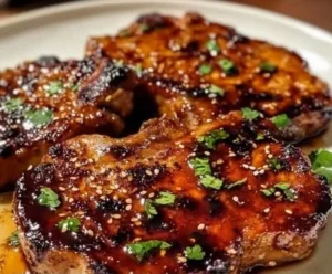 Delicious Korean pork chops garnished with sesame and green onions