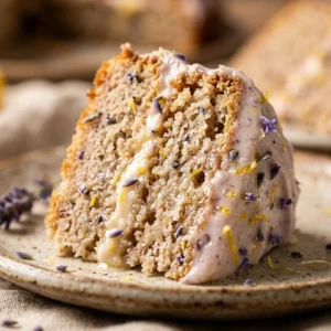 Lavender lemon cake beautifully presented with edible lavender flowers
