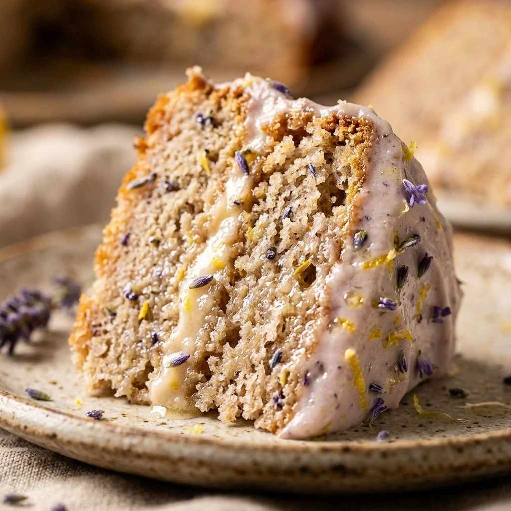 Lavender lemon cake beautifully presented with edible lavender flowers