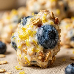Lemon blueberry yogurt clusters on a white plate, showcasing vibrant colors and textures