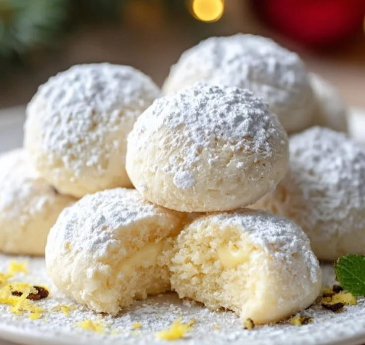 Lemon Cream Snowball Cookies decorated with powdered sugar on a plate.