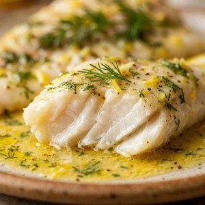 Lemon-Dill Baked Cod garnished with fresh lemon slices and herbs