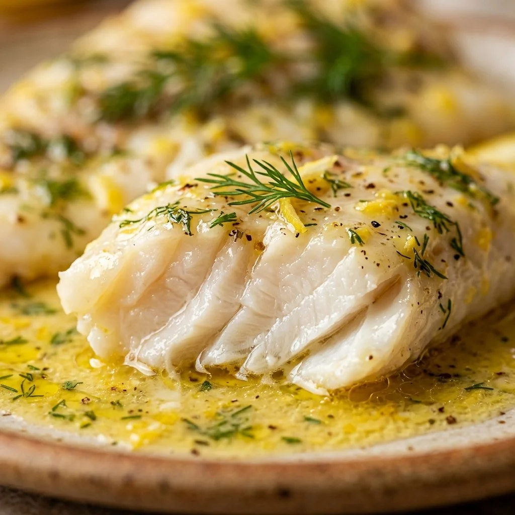 Lemon-Dill Baked Cod garnished with fresh lemon slices and herbs
