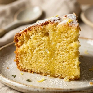 Delicious slice of Lemon Olive Oil Cake on a plate