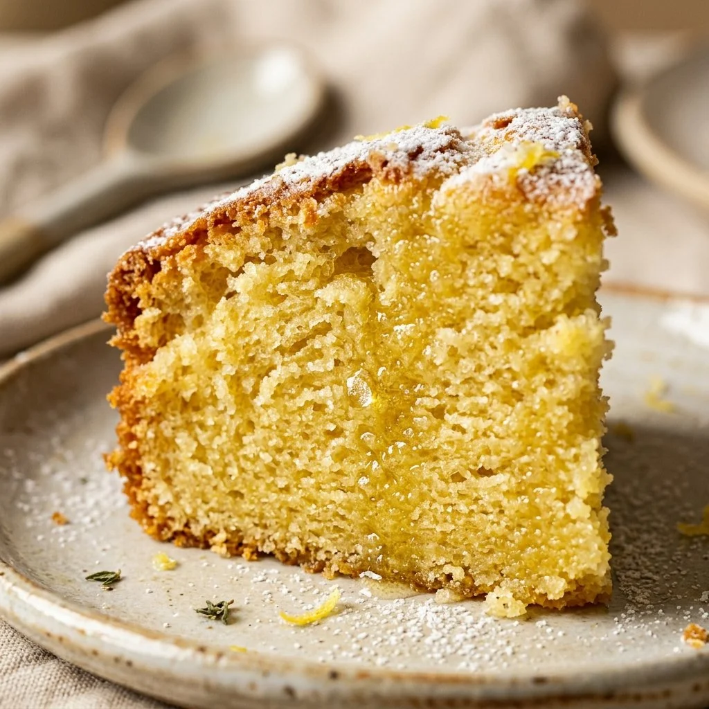 Delicious slice of Lemon Olive Oil Cake on a plate