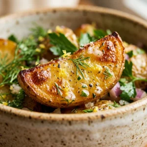 Lemony Roasted Potato Salad served in a bowl with fresh herbs and lemon slices