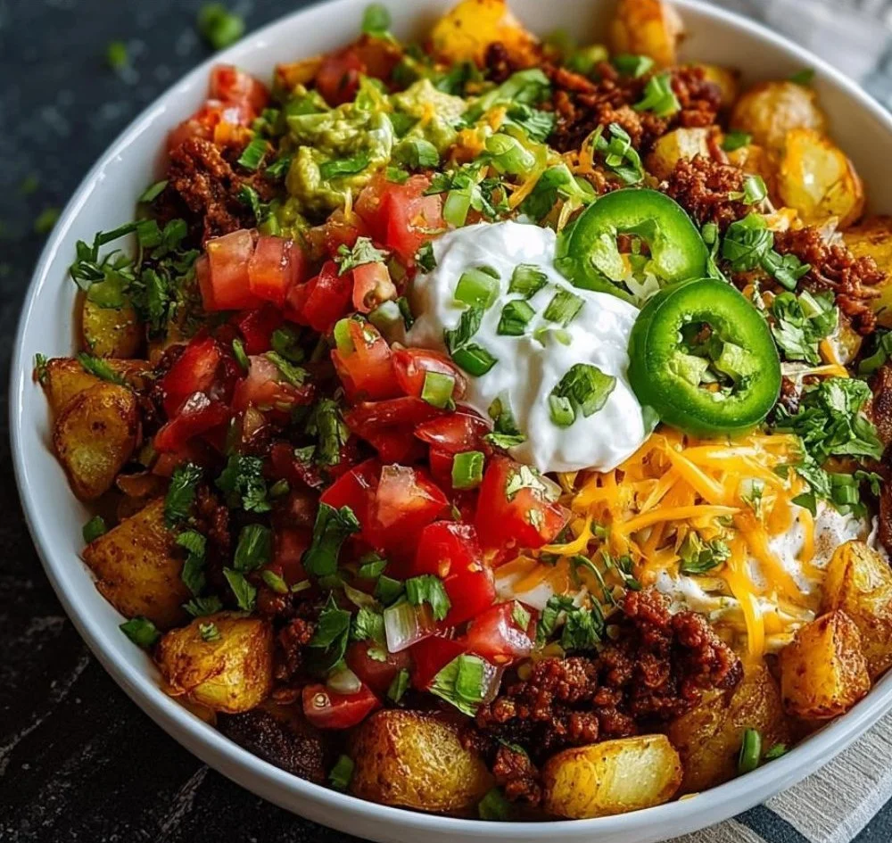 Delicious loaded potato taco bowl topped with fresh ingredients.