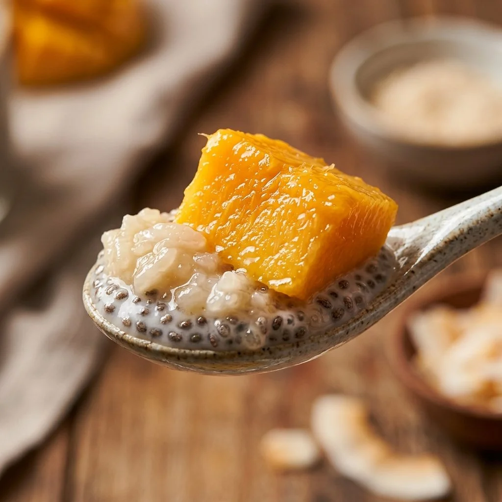 Mango Chia Pudding with Sticky Rice served in a bowl