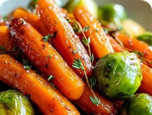 Maple-glazed carrots and Brussels sprouts served in a bowl