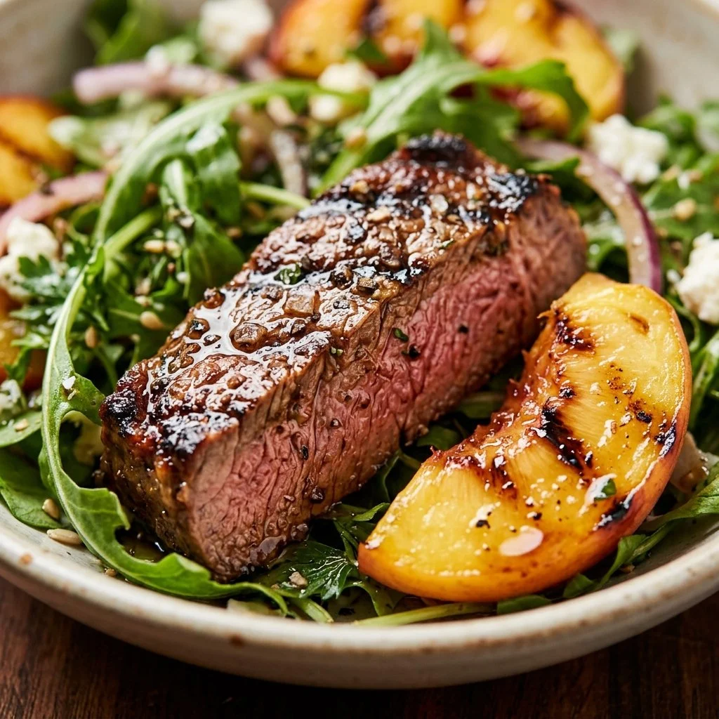 Marinated steak salad with peaches in a vibrant summer bowl