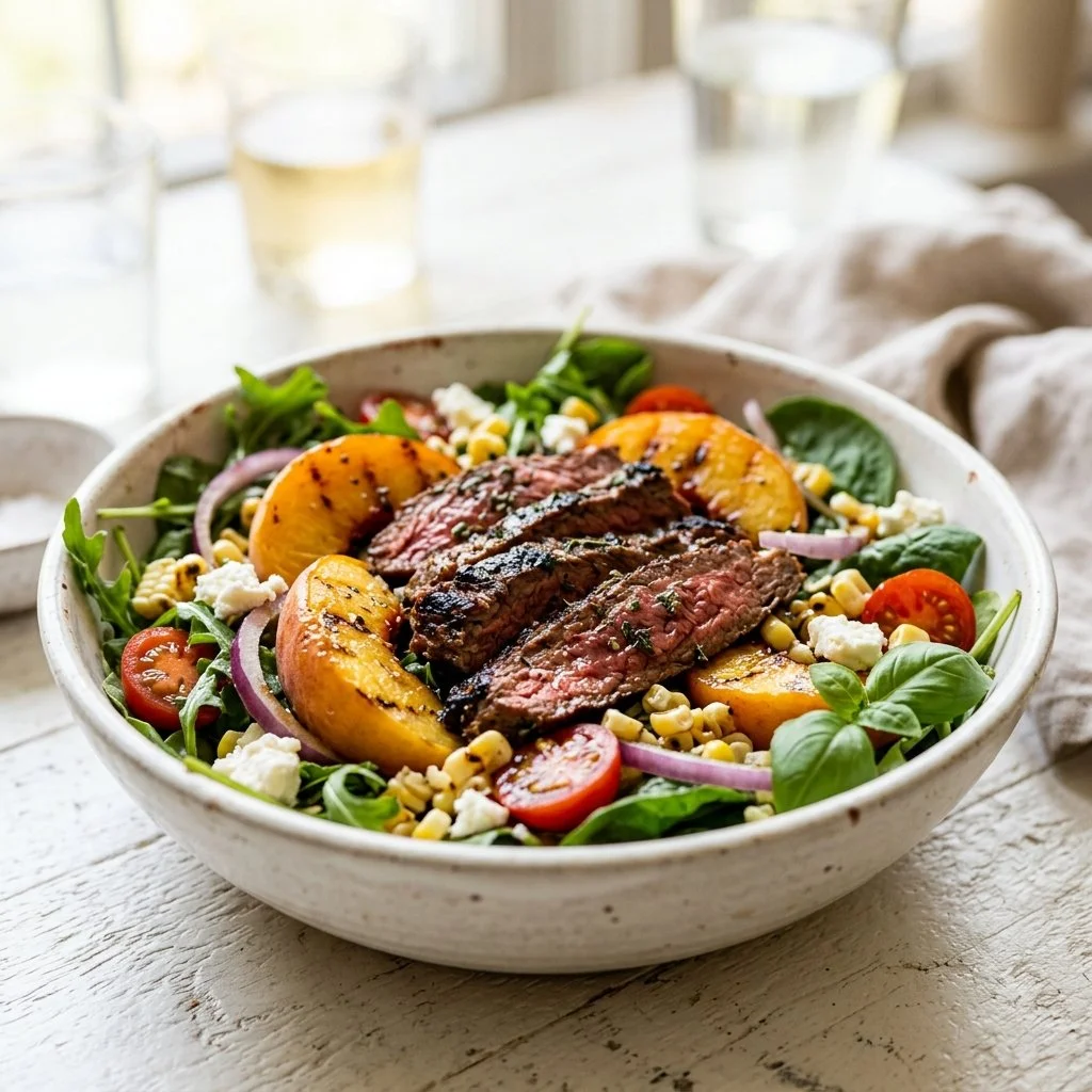 Marinated Steak and Peach Summer Salad Bowl