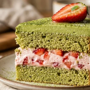 A delicious slice of Matcha Strawberry Cream Cake topped with fresh strawberries