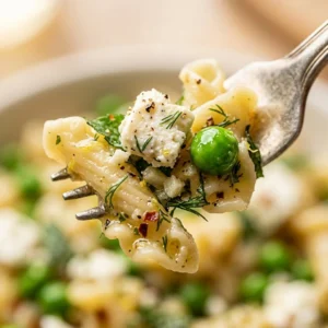 Mediterranean Feta Pasta with Peas served in a bowl