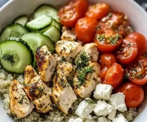 Mediterranean Lemon-Dill High-Protein Chicken Bowl with vegetables and herbs
