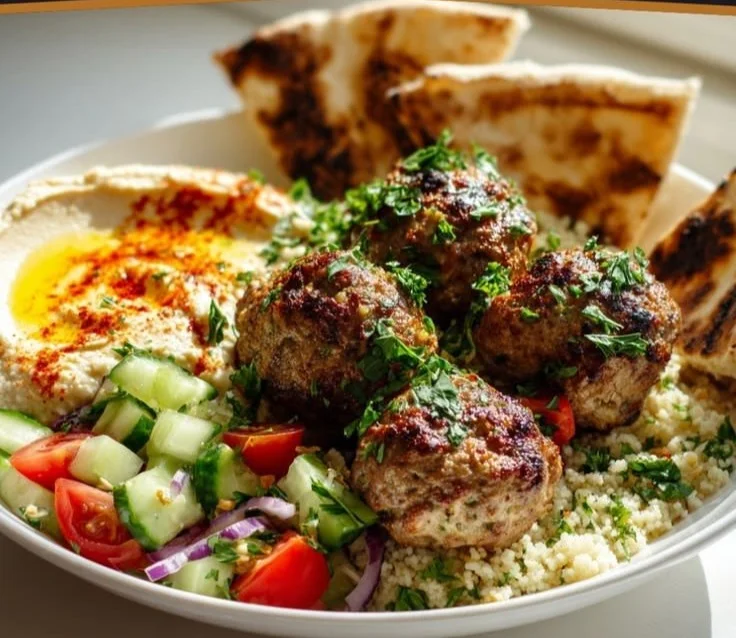 Mediterranean-style beef meatball pita bowl with fresh ingredients and herbs.