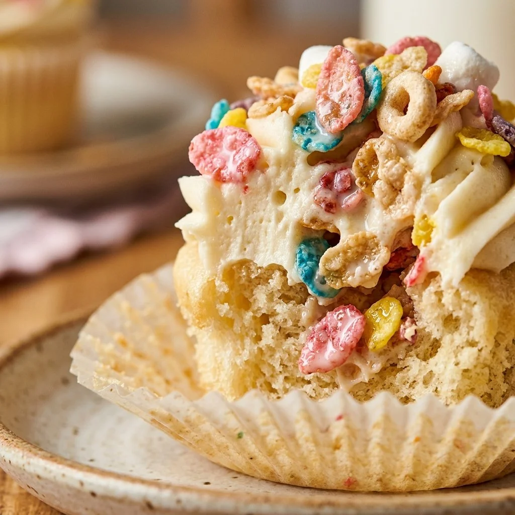 Milk and cereal cupcakes with colorful toppings and sprinkles