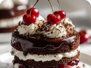 Delicious miniature Black Forest cakes with chocolate, cream, and cherries.