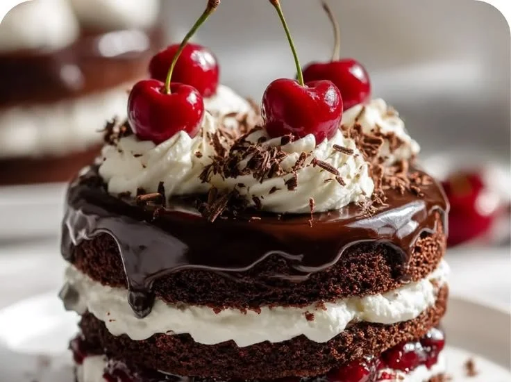Delicious miniature Black Forest cakes with chocolate, cream, and cherries.