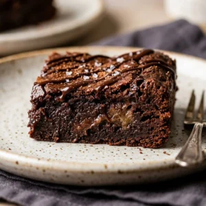 Delicious mochi brownies topped with chocolate drizzle on a white plate