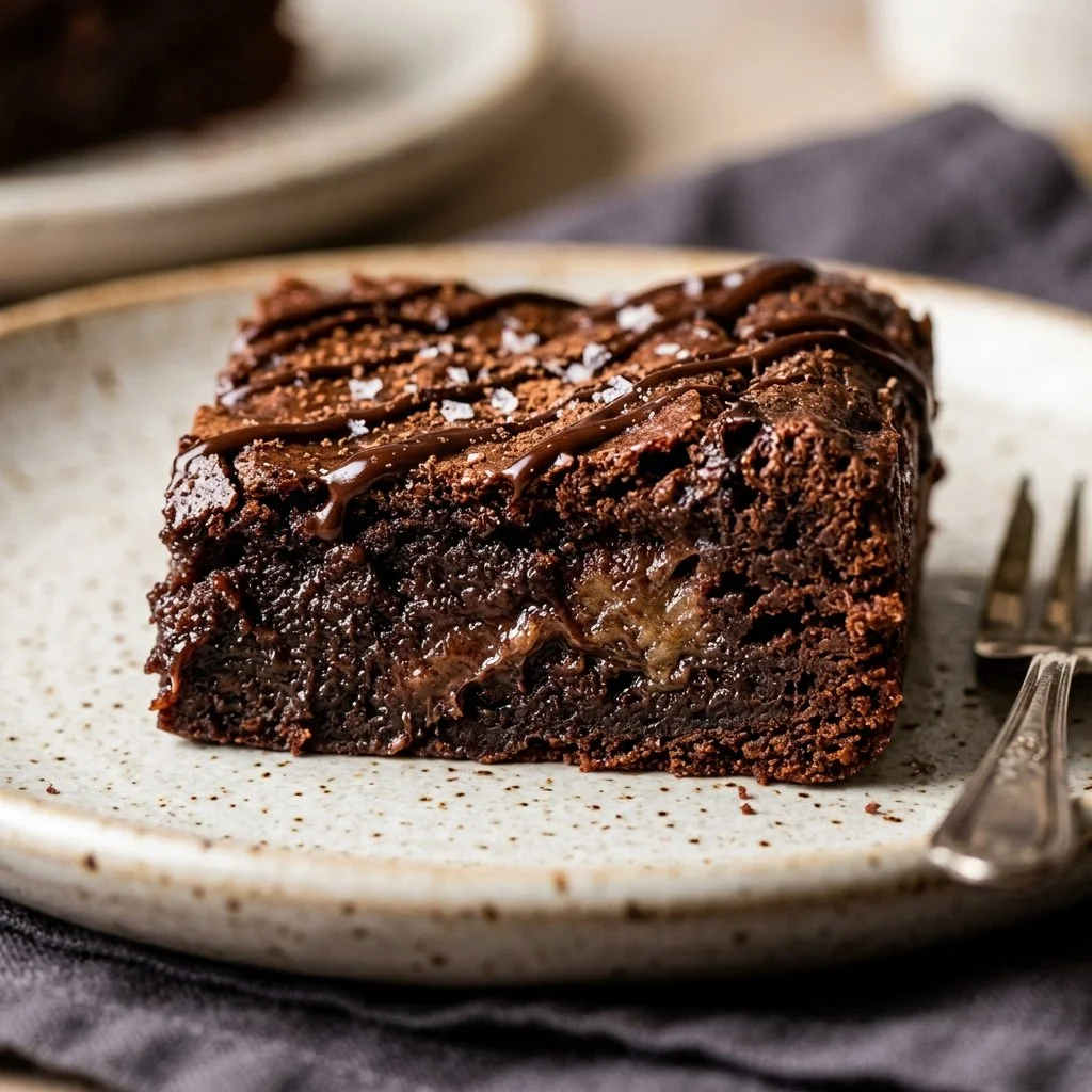 Delicious mochi brownies topped with chocolate drizzle on a white plate