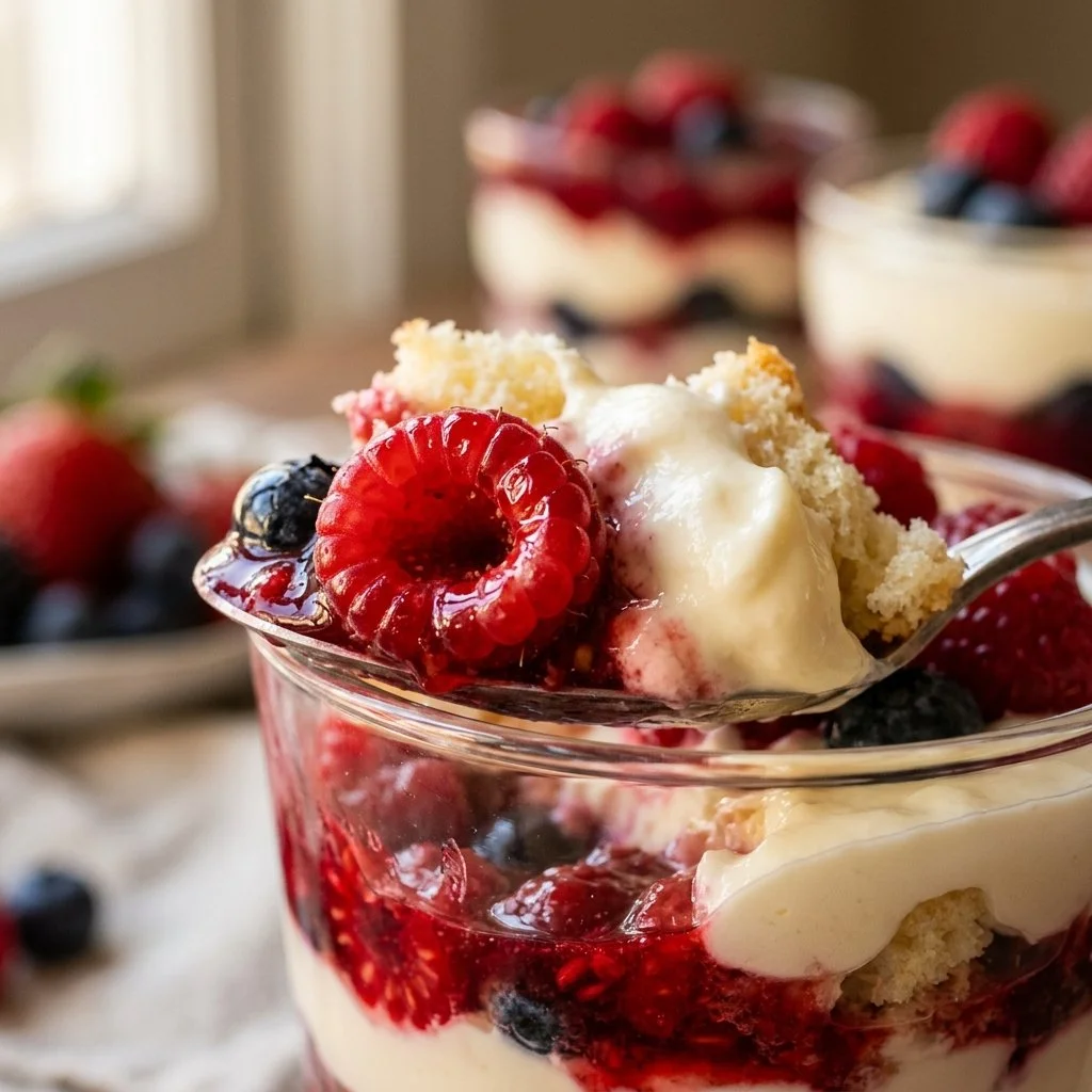 Delicious no-bake berry trifle cups topped with fresh fruits and cream.