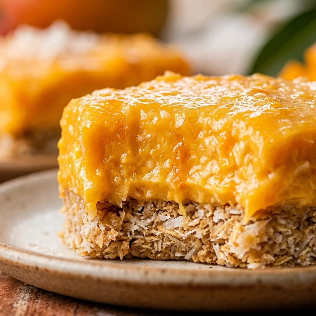 Delicious no-bake mango coconut bars on a white plate garnished with coconut flakes.