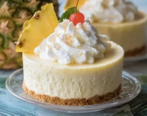 No-Bake Piña Colada Cheesecake Mousse topped with coconut and pineapple garnish
