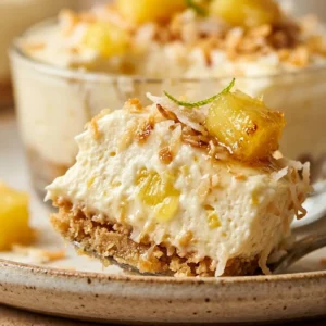 Delicious no-bake piña colada cheesecake mousse topped with coconut and pineapple