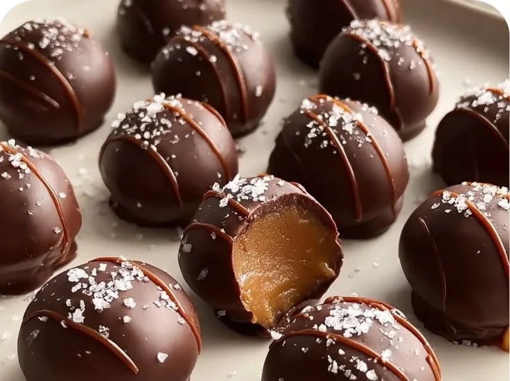 Delicious no-bake salted caramel fudge truffles on a decorative platter