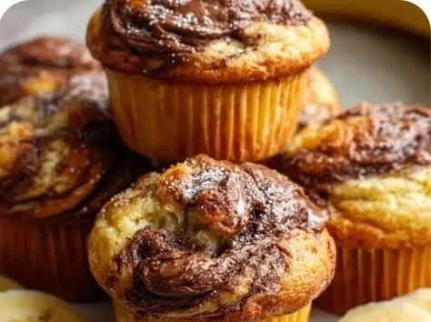 Nutella banana muffins with chocolate swirls and banana slices on a plate