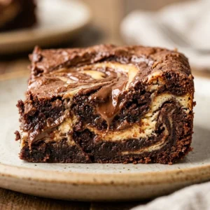 Nutella swirl cheesecake brownies garnished with chocolate drizzle.