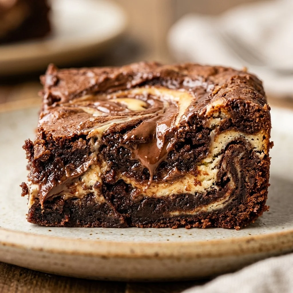 Nutella swirl cheesecake brownies garnished with chocolate drizzle.