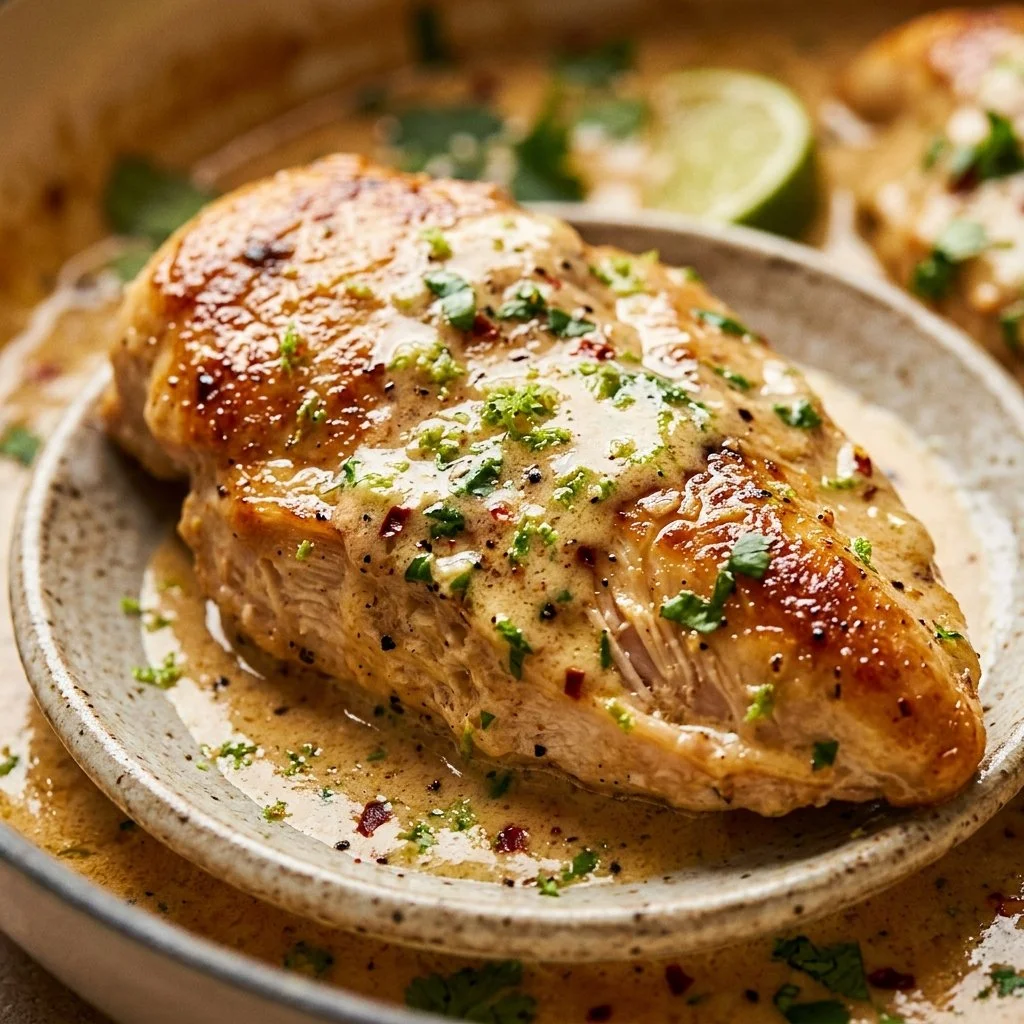 One-Pan Creamy Coconut Lime Chicken served with lime garnish