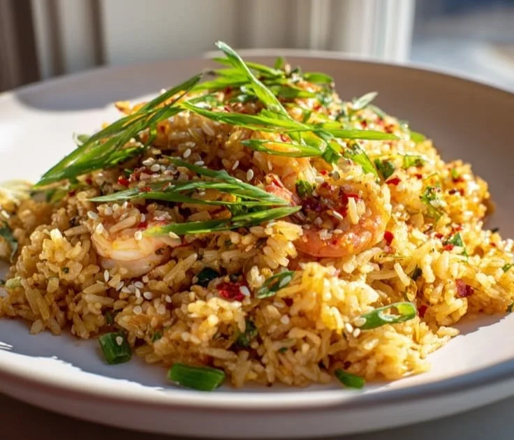 Delicious One-Pan Fried Rice garnished with vegetables and eggs.