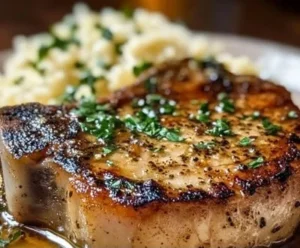 Oven-baked juicy pork chops served with vegetables