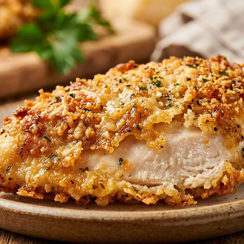 Parmesan-Crusted Crispy Chicken Breast served with herbs