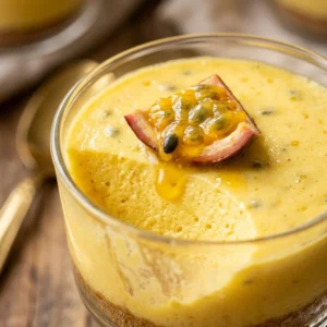 Delicious Passion Fruit Mousse Cups topped with fresh fruit and mint leaves