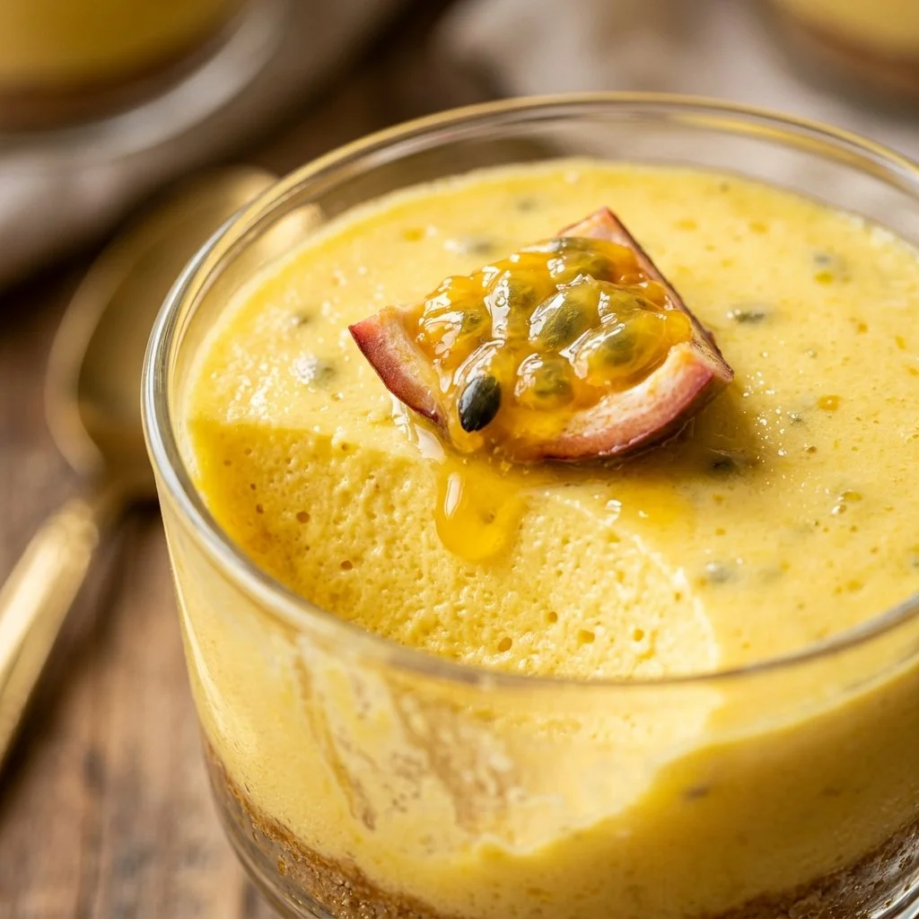 Delicious Passion Fruit Mousse Cups topped with fresh fruit and mint leaves