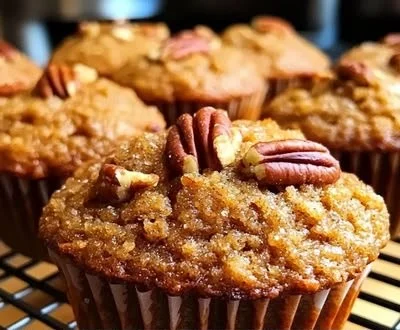 Delicious pecan pie muffins topped with brown sugar