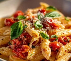 Penne pasta topped with creamy ricotta sauce, garnished with herbs.