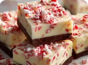 Delicious peppermint bark fudge pieces with festive decorations